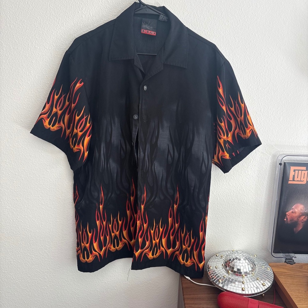 C-TWO Mens Flame Print Button Down Shirt Black Orange Fire Y2K Short Sleeve M